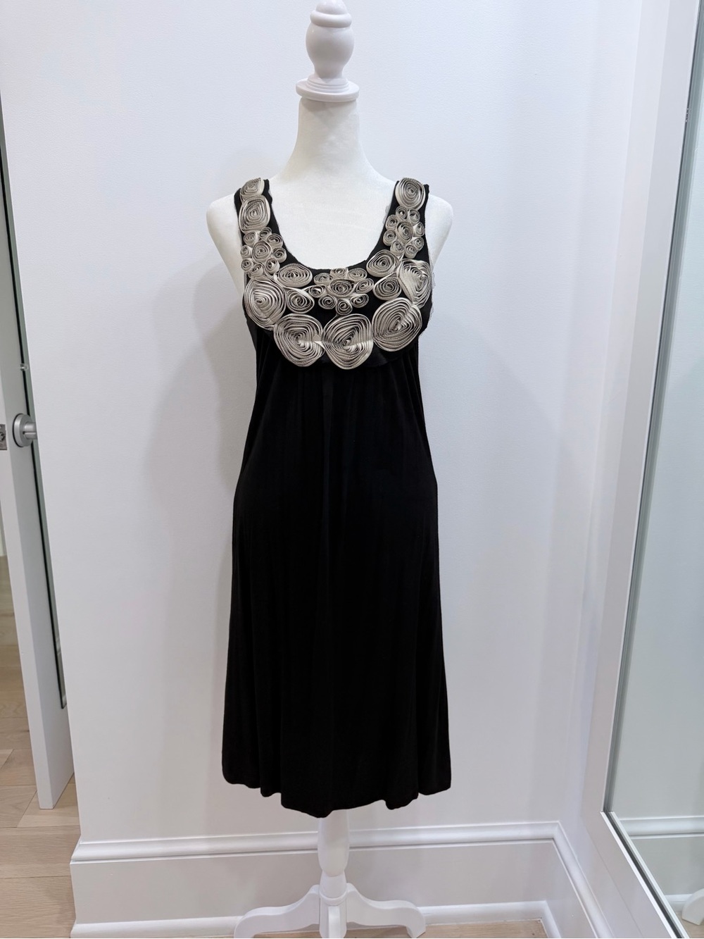 Pura Vida Black Midi Dress with Rosette Applique Neckline - Size M